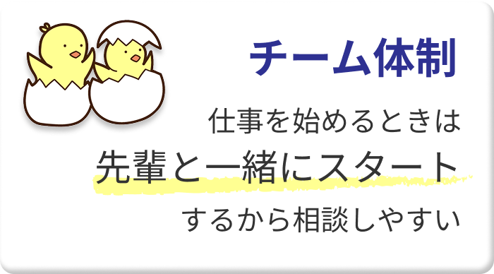 チーム体制　仕事を始めるときは先輩と一緒にスタートするから相談しやすい